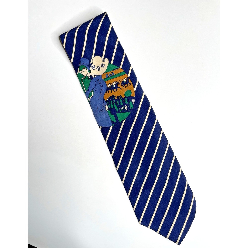 Ted Lapidus Blue White Striped Horse Racing 100% Silk Neck Tie 58" x 4" Italy - Picture 3 of 6